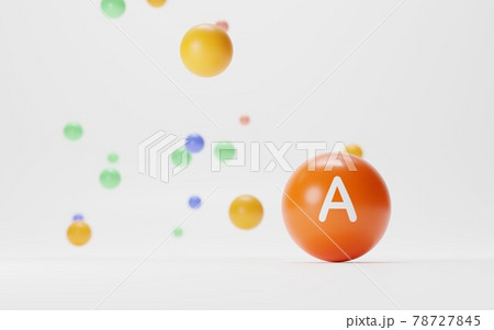 Letter A on an orange ball, alphabet, educational game for children. Round pill of vitamin, retinol, beta carotene. Cosmetic product, capsule on white background with colored spheres. 3d illustration 78727845