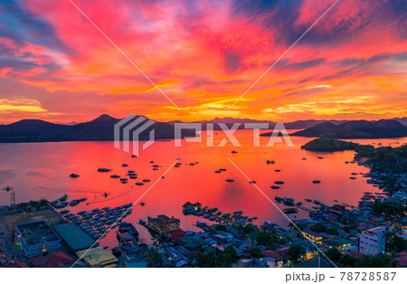 Amazing tropical sunset at the sea at Coron island, Busuanga, Philippines. Sea aerial view. Amazing tropical sunset at the sea at Coron island, Busuanga, Philippines. Sea aerial view. 78728587