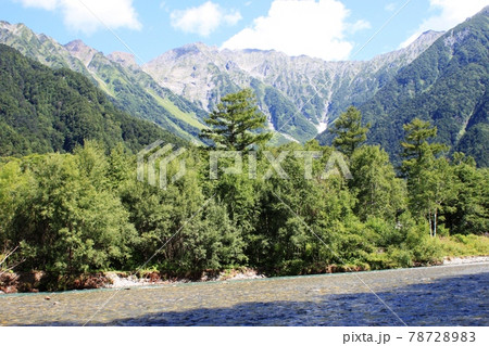 青空を背景に穂高連峰と梓川　上高地 78728983