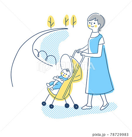 ベビーカーでお散歩する赤ちゃんとママのイラスト素材