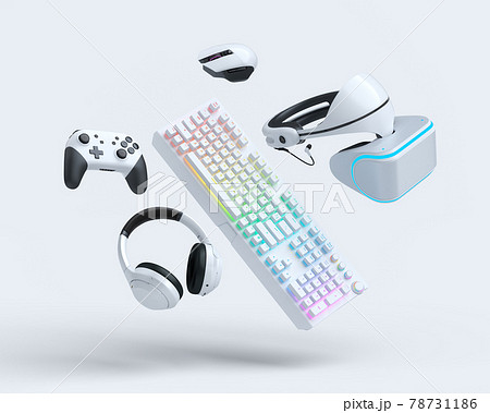 Flying gamer gears like mouse, keyboard, joystick, headset, VR on white 78731186
