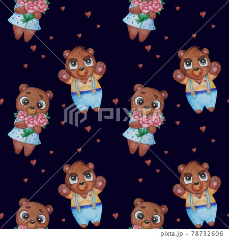 Seamless pattern with brown bears. A pair of cute animals - a girl with a bouquet of flowers and a man in pants with suspenders on a dark blue background with hearts. Watercolor 78732606