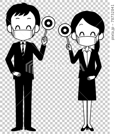 Men and women in suits wearing masks with correct tags 78732841