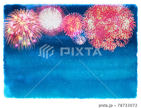 手書き水彩の夜空に描いた 華やかな花火のイメージのイラスト素材