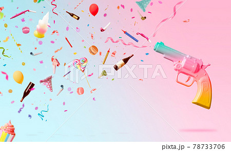 Party background with colorful gun, shooting confetti, streamers, candles and decoration on pink background; Creative party background with copy space 78733706
