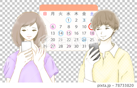 Young men and women sharing schedules with the smartphone calendar app Young men and women sharing schedules with the smartphone calendar app 78733820