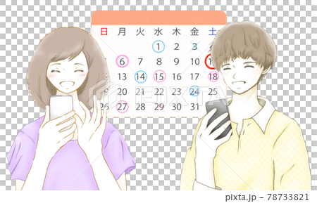 Young men and women with smiles sharing schedules with the smartphone calendar app 78733821