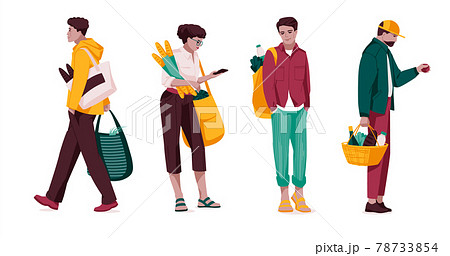 Shopping - flat design style set of isolated characters on white background. Cartoon women and men standing and walking with their packages, baskets and bags full of products 78733854