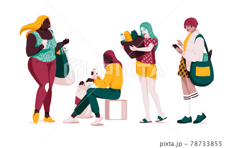 Shopping - flat design style set of isolated characters on white background. Cartoon women and men standing and walking with their packages, baskets and bags full of products 78733855