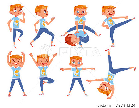 Cut little boy doing physical exercises. Funny cartoon character 78734324