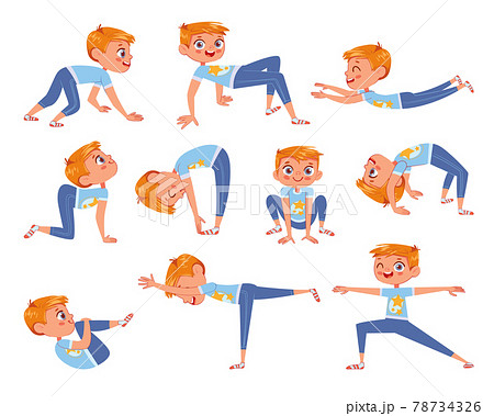 Cut little boy doing physical exercises. Funny cartoon character 78734326