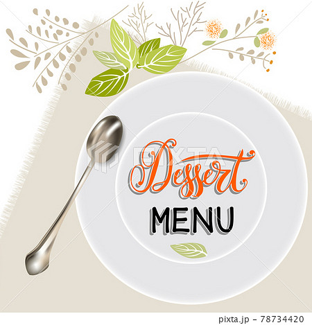 White plate, spoon and plants on a napkin. White plate, spoon and plants on a napkin. 78734420