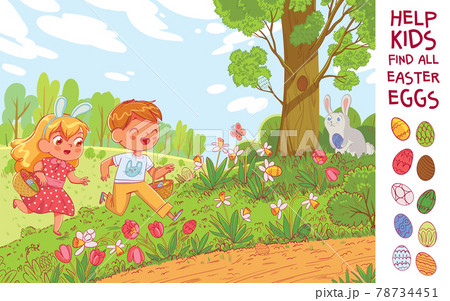 Egg hunt. Help the children find 10 hidden Easter eggs in the meadow 78734451