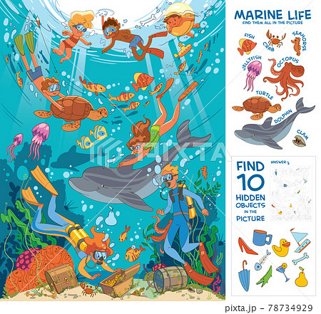 Diving and snorkeling. Underwater life. Puzzle Hidden Items Diving and snorkeling. Underwater life. Puzzle Hidden Items 78734929