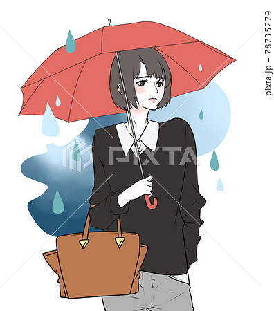 イラスト素材 赤い傘をさした不満そうな表情の若い女性のイラストのイラスト素材