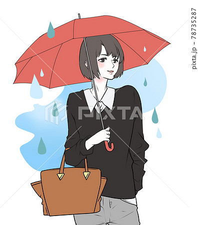イラスト素材 笑顔で赤い傘をさす若い女性のイラストのイラスト素材