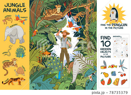 Explorer in Indian jungle. Find 10 hidden objects in picture Explorer in Indian jungle. Find 10 hidden objects in picture 78735379