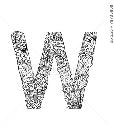 Mandala letter W monogram, adult coloring book, engraving design. Vector illustration. 78736808