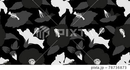 Monochrome gray scale Seamless pattern with modern minimalist hibiscus flowers, buds and leaves. On black background Monochrome gray scale Seamless pattern with modern minimalist hibiscus flowers, buds and leaves. On black background 78736873