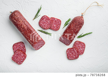 Salami with ingredients, on white stone table background, top view flat lay 78738268