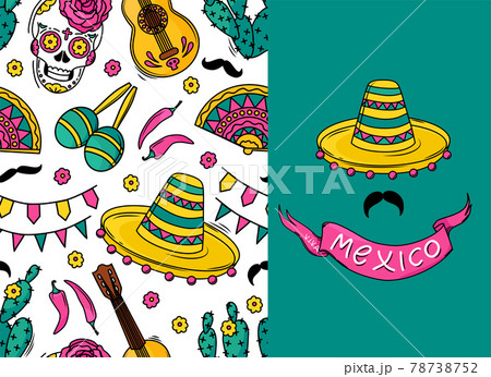 Mexican seamless vector pattern with sugar skulls, flowers, guitar, cacti, mustache on white background. A pattern for a holiday. Viva mexico postcard. 78738752