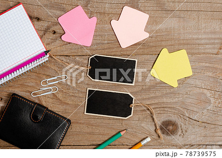 Collection of Real Blank Empty Sticker Card Tag With An Elastic Band On A Different Color Background Containing Modern Gadget Checklist For Labeling Informative Content Purposes 78739575