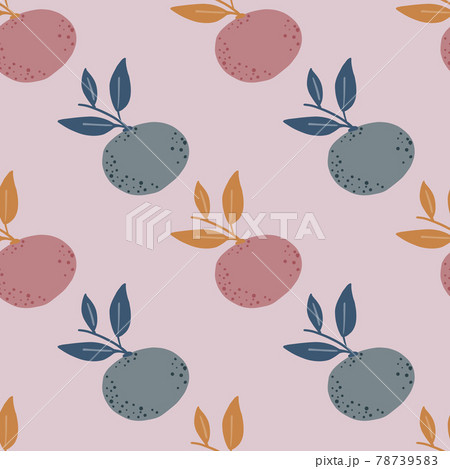 Pale tones citrus seamless pattern with mandarin and leaves silhouettes. Lilac, purple and orange colored artwork. 78739583