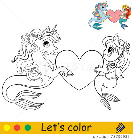 Coloring cartoon cute mermaid and seahorse holds a heart 78739982
