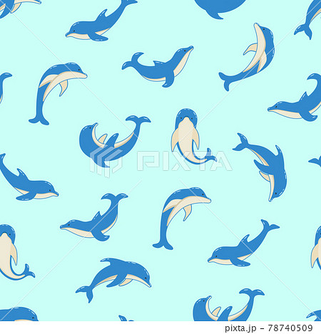 Seamless Pattern Set of cartoon dolphins in different poses, vector illustration of marine animals. Painted dolphins swim. Seamless Pattern Set of cartoon dolphins in different poses, vector illustration of marine animals. Painted dolphins swim. 78740509