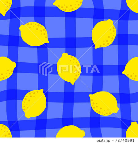 Lemon pattern seamless in bright colors. Repeat yellow blue plaid background with fruit vector 78740991
