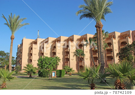 Tropical resort in Egypt. People swimming in sea. Tourists relax on beach 78742109