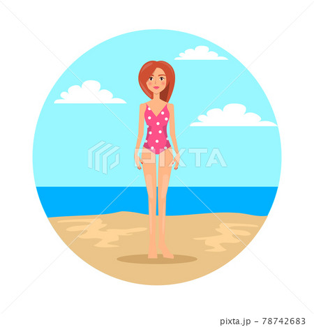 Girl in Swimsuit with Polka Dot Pattern on Beach Girl in Swimsuit with Polka Dot Pattern on Beach 78742683