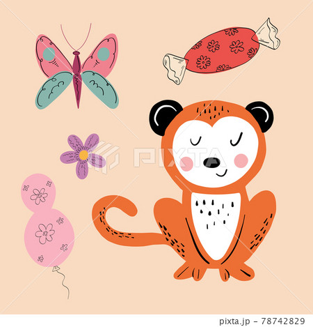 Vector illustration of an animal of different types among holiday items on an orange background Vector illustration of an animal of different types among holiday items on an orange background 78742829