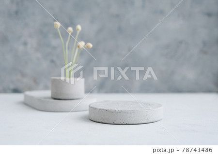 Empty pedestal or product display concrete podium with dry minimalistic flowers and nature leaves on green background. Copy space. 78743486
