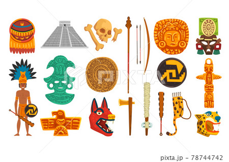Aztec and Mayan Civilization Cultural Objects Set, Mexican Culture Traditional Symbols Cartoon Vector Illustration Aztec and Mayan Civilization Cultural Objects Set, Mexican Culture Traditional Symbols Cartoon Vector Illustration 78744742