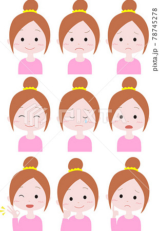 おだんご髪型の女の子イラスト 表情9セットのイラスト素材