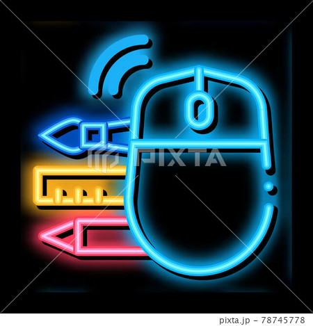 computer mouse pen pencil and ruler neon glow icon illustration 78745778