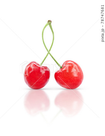 Pair of sweet cherries isolated on white background with shadow and reflection. Pair of sweet cherries isolated on white background with shadow and reflection. 78747681