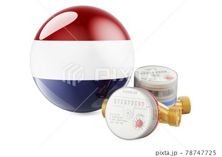 Water consumption in the Netherlands. Water meters with The Netherlands flag. 3D rendering Water consumption in the Netherlands. Water meters with The Netherlands flag. 3D rendering 78747725