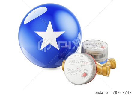 Water consumption in Somalia. Water meters with Somali flag. 3D rendering Water consumption in Somalia. Water meters with Somali flag. 3D rendering 78747747