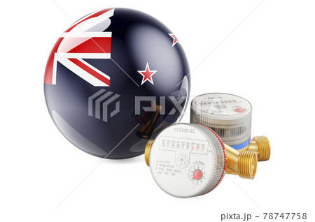 Water consumption in New Zealand. Water meters with New Zealand flag. 3D rendering 78747758