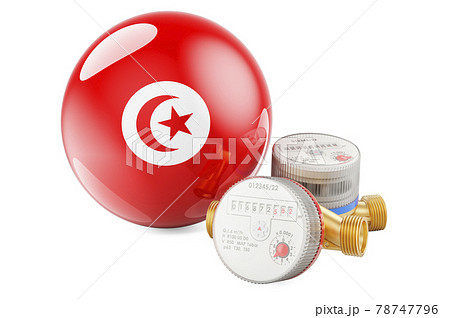 Water consumption in Tunisia. Water meters with Tunisian flag. 3D rendering Water consumption in Tunisia. Water meters with Tunisian flag. 3D rendering 78747796