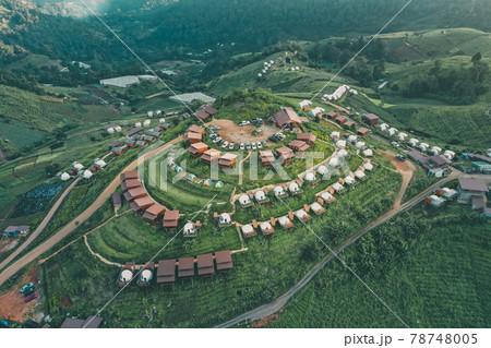 Aerial view of camping grounds and tents on Doi Mon Cham mountain in Mae Rim, Chiang Mai province Aerial view of camping grounds and tents on Doi Mon Cham mountain in Mae Rim, Chiang Mai province 78748005