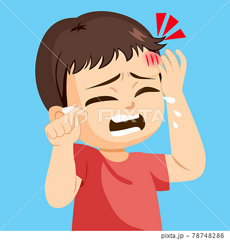 Sad Little Toddler Boy Crying Touching Forehead のイラスト素材
