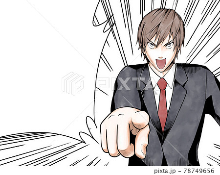 漫画風カラー 指差して決定するサラリーマン 集中線 吹き出しありのイラスト素材