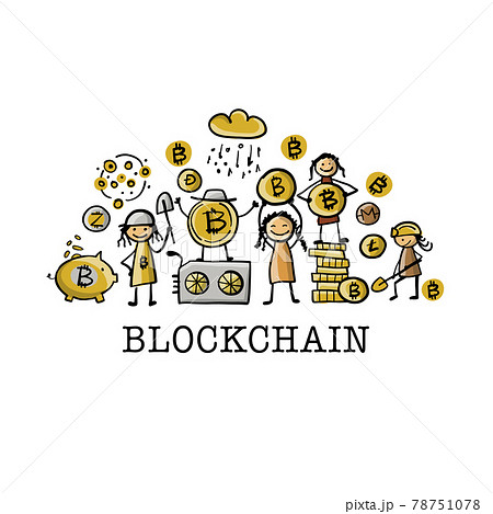 Cryptocurrency concept with people miners and coins. Sketch for your design 78751078