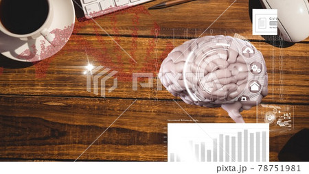 Composition of human brain and medical data processing over desk with keyboard and cup 78751981