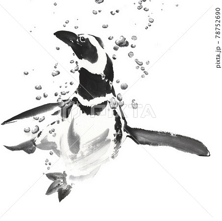 水中に浮かぶペンギン 墨絵イラストのイラスト素材