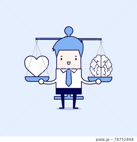 Businessman with heart and brain on scales. Cartoon character thin line style vector. 78752808