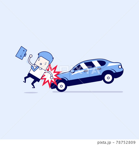Businessman about to be hit by a car, Road Safety. Cartoon character thin line style vector. Businessman about to be hit by a car, Road Safety. Cartoon character thin line style vector. 78752809